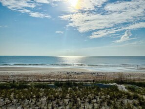 On the beach, sun-loungers, beach towels
