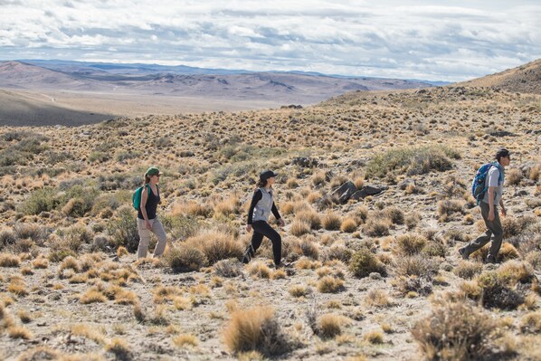 A desert landscape with three hikers walking on a trail. - La Posta de los Toldos (Estancia La Criolla)