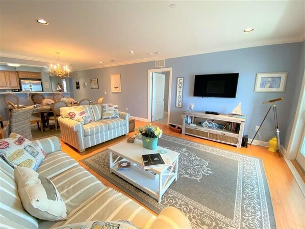 TV, DVD player, books, video library