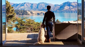 Een persoon met een hond op een houten terras met uitzicht op een meer en bergen.