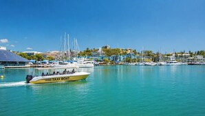 A marina with a yellow taxi boat, several sailboats, and buildings in the background. - Hôtel Gondwana - City ART (Nouméa)