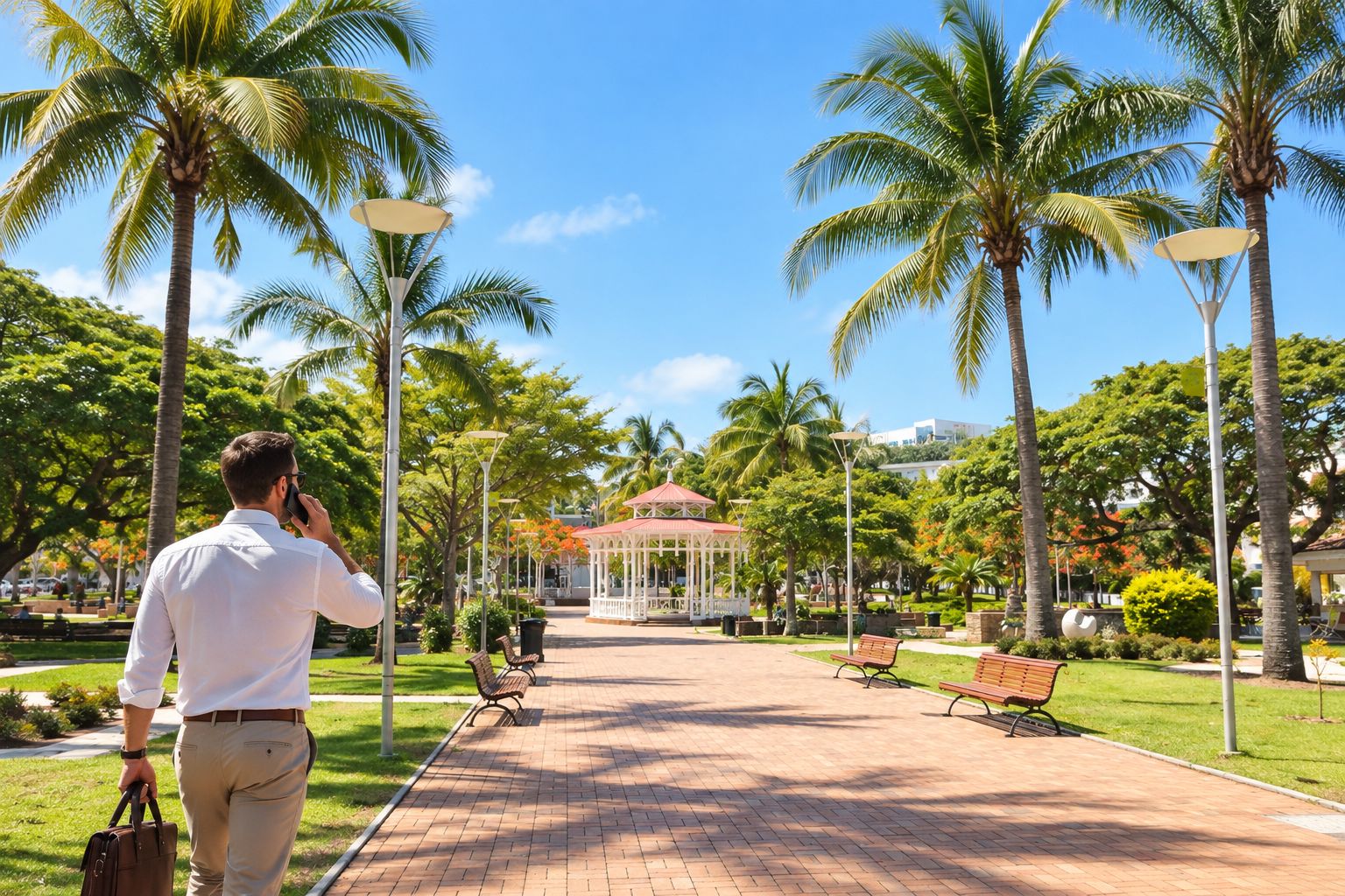 A pathway lined with benches and palm trees leading to a gazebo.