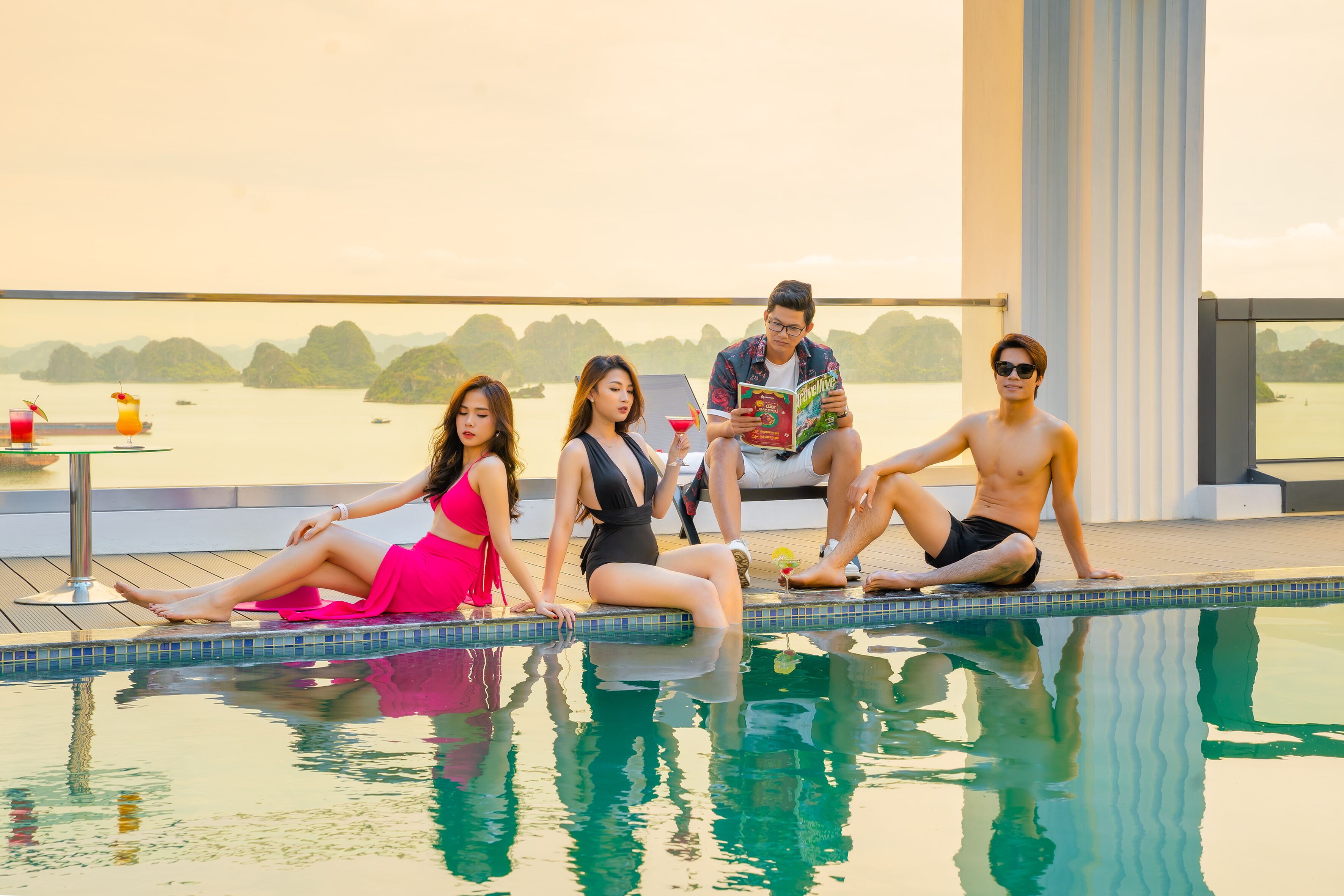 Outdoor pool, pool umbrellas, pool loungers