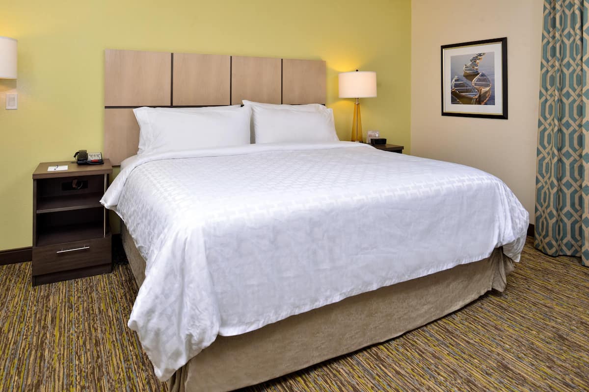 A hotel room with a large bed, a nightstand with a lamp, a framed picture on the wall, and a patterned carpet.