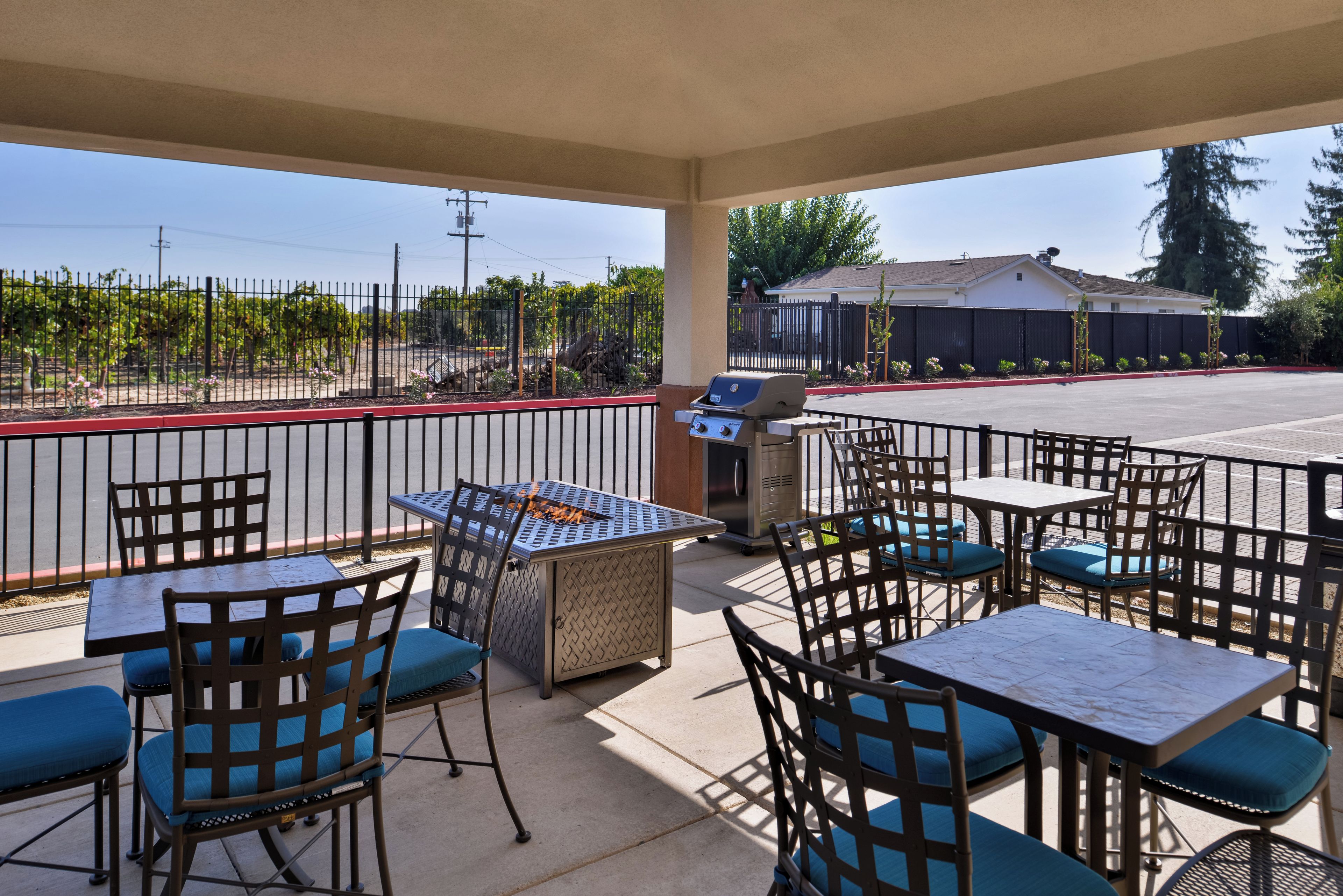 An outdoor patio with tables and chairs, a grill, and a view of a vineyard and residential buildings.