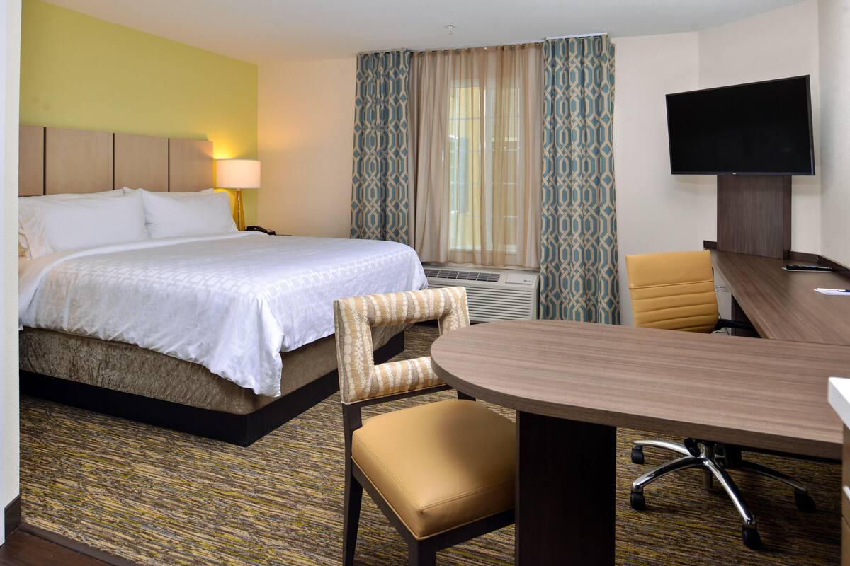 A hotel room with a bed, a desk, a chair, a television, and a patterned curtain.