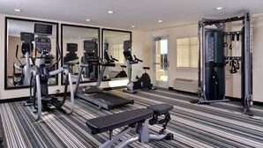 Ett gym med löpband, crosstrainers, en bänk och ett ställ för knäböj.