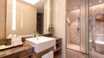 Shower, rainfall showerhead, hair dryer, slippers