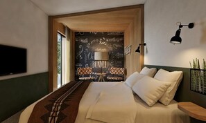 A modern hotel room with a large bed, a flat-screen TV mounted on the wall, a decorative wall mural, and a small table with a lamp. - Se Catedral Hotel Porto, Tapestry Collection by Hi (Porto)