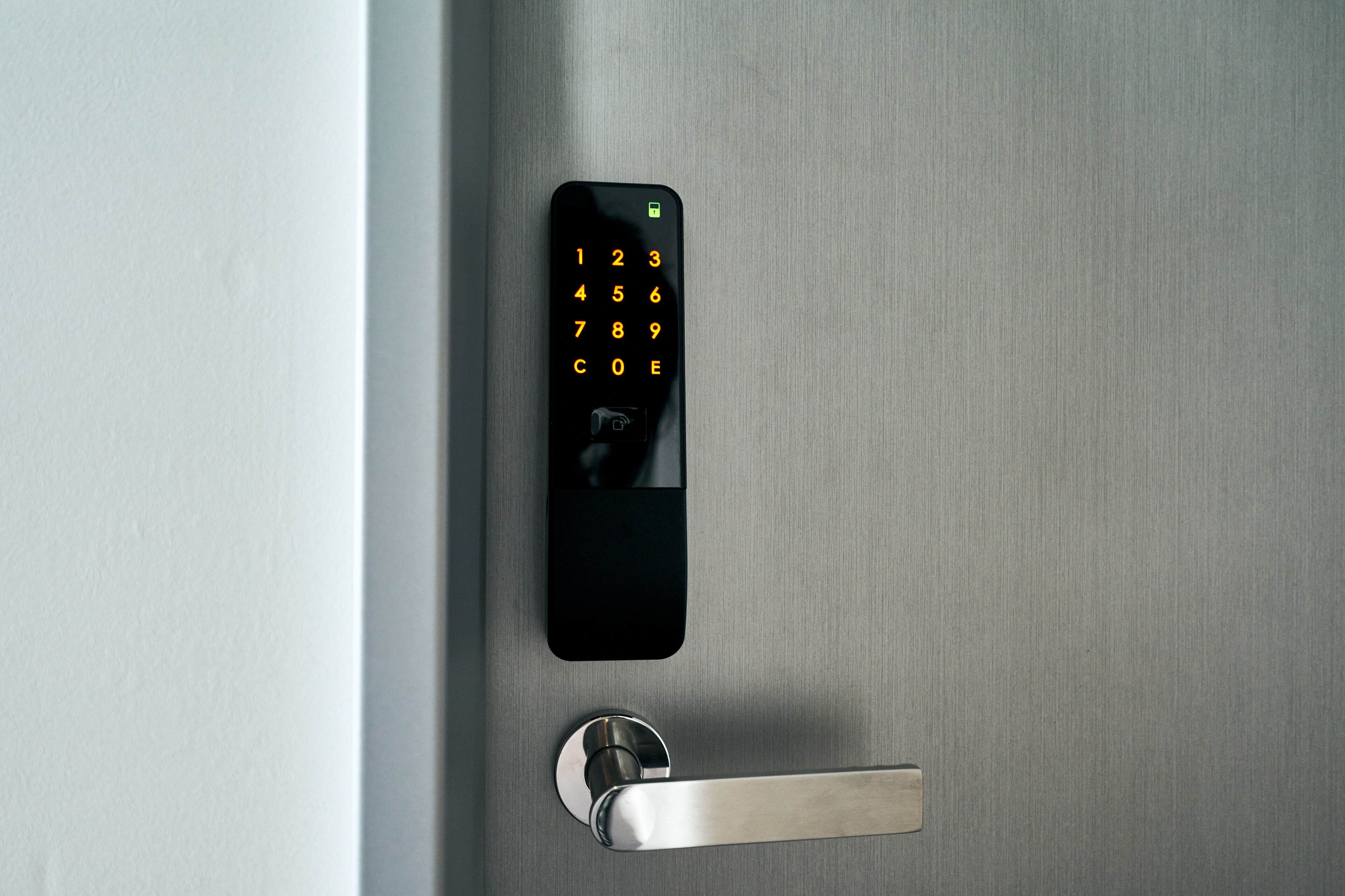 A modern door with a digital keypad lock and a metallic handle.