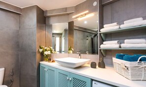 Shower, hair dryer, towels