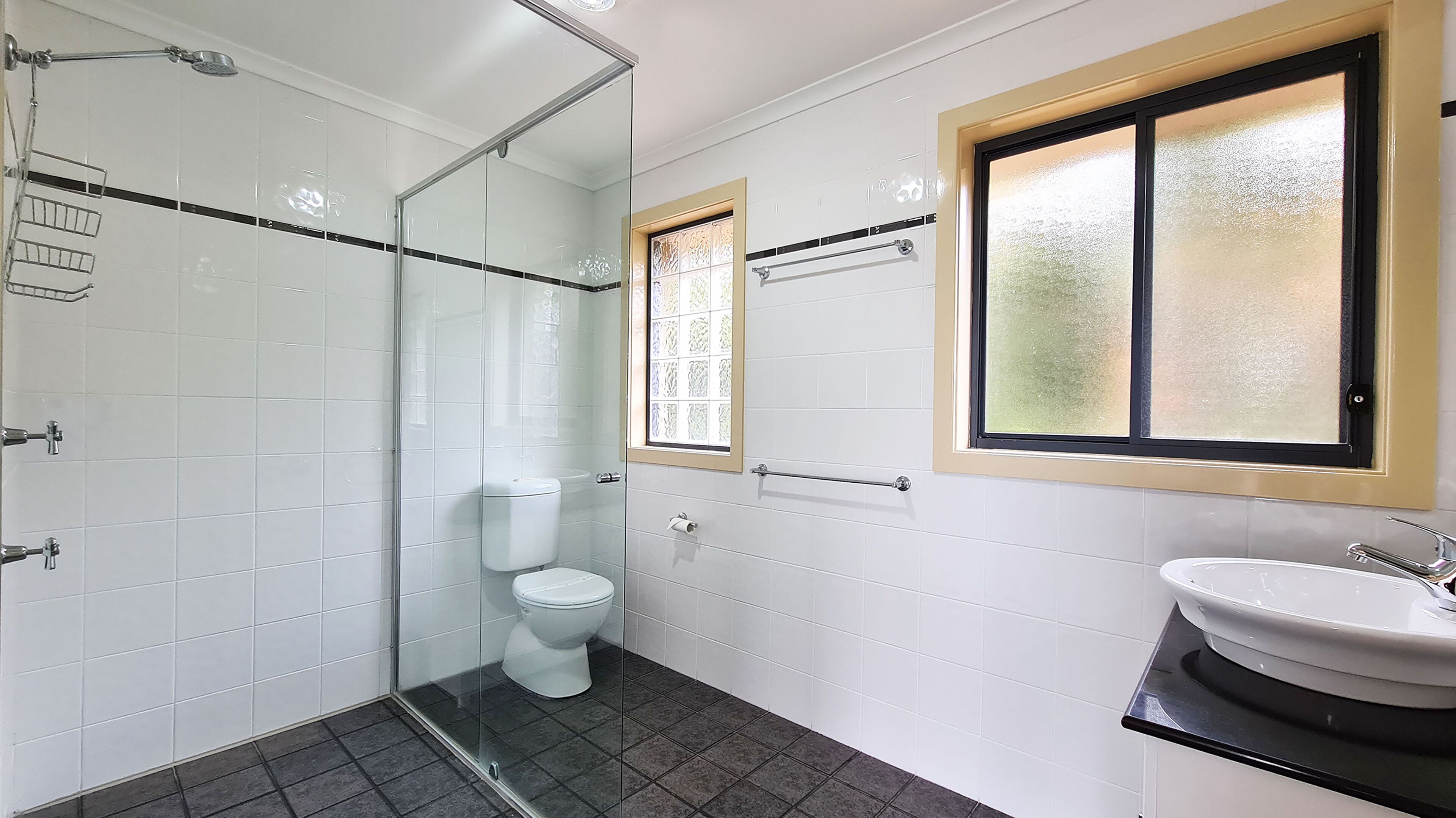A bathroom with a glass shower enclosure, a toilet, a sink, and two windows.