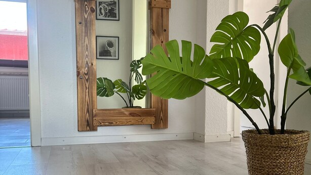 Una habitación con suelo de madera, un tapete tejido, una planta de monstera en maceta y un espejo con marcos de madera.
