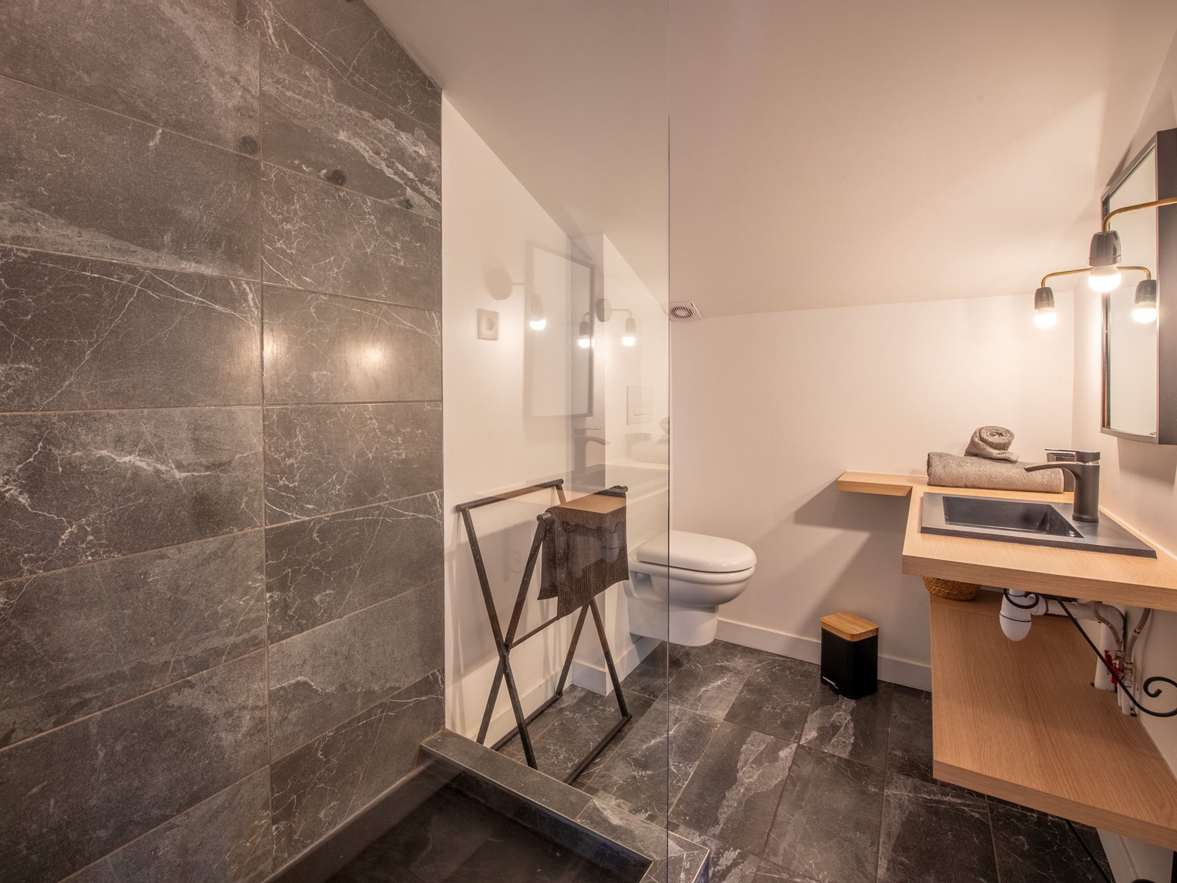 A modern bathroom with a glass shower enclosure, a white toilet, and a wooden vanity with a mirror.