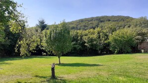 Eine Rasenfläche mit Bäumen und einer hügeligen Landschaft im Hintergrund.