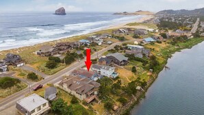 Vista aérea de una zona residencial costera con casas, una carretera y una masa de agua.