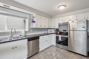 A modern kitchen with white cabinets, stainless steel appliances, a dishwasher, and a window with blinds.