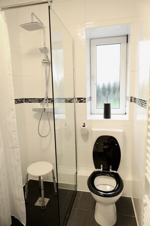 Dusche, Haartrockner, Handtücher, Seife