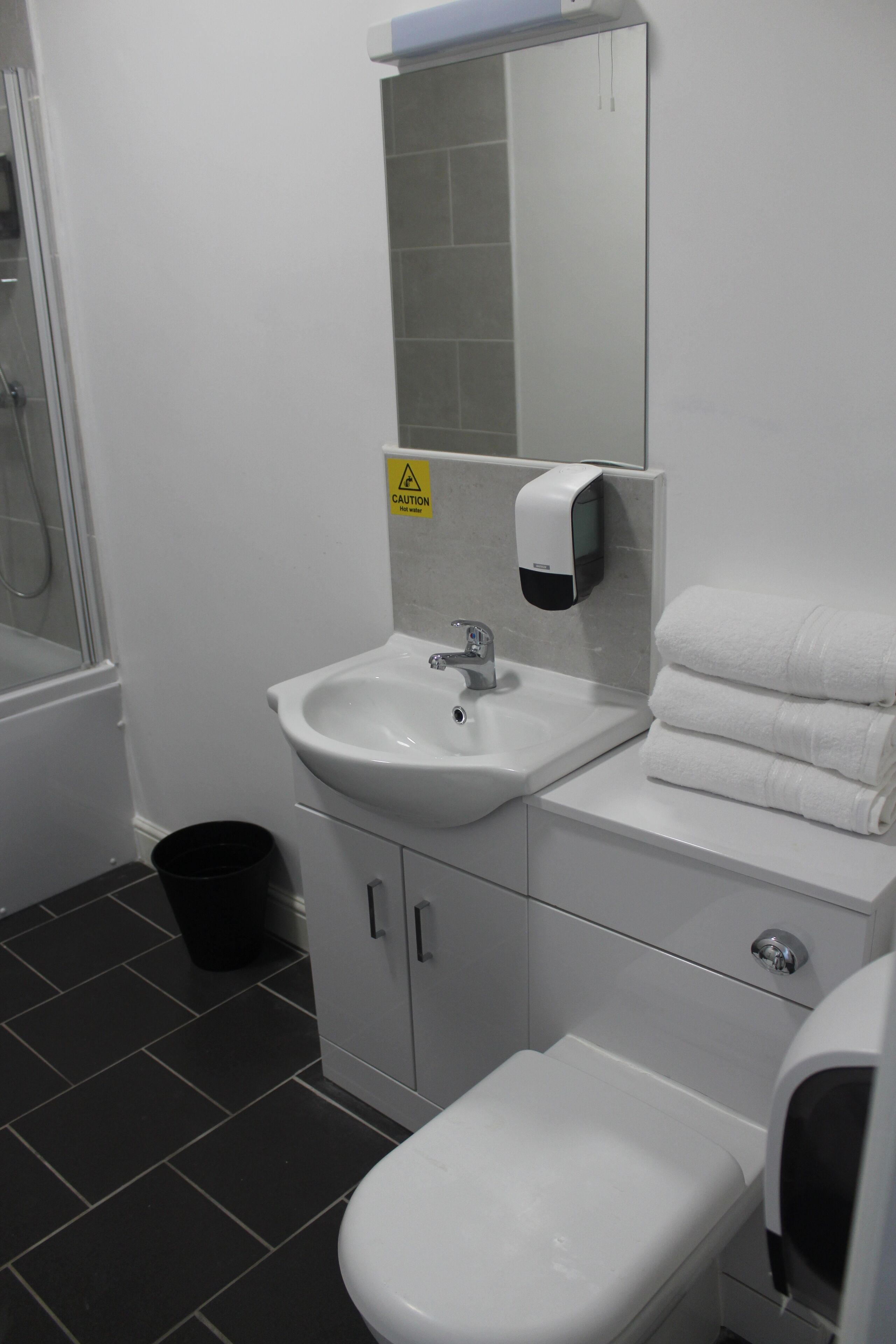 hair dryer, towels, soap, toilet paper