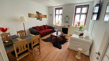 TV, fireplace, books, stereo