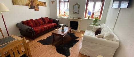 TV, fireplace, books, stereo