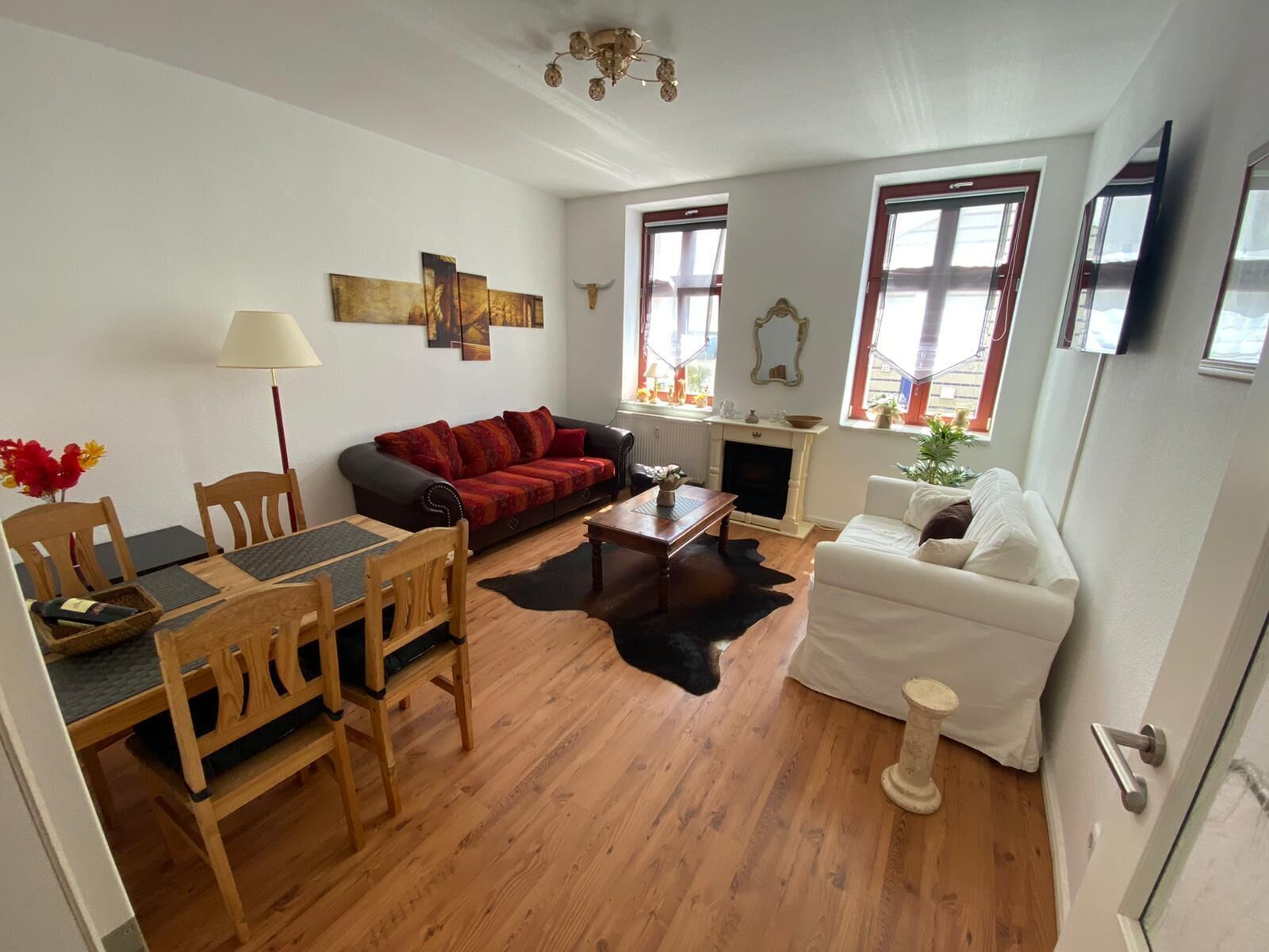 Televisie, een open haard, boeken en een stereo