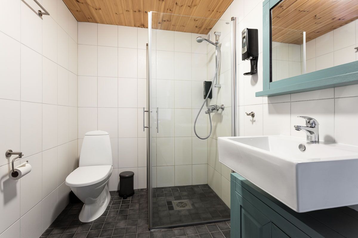 A bathroom with a toilet, shower, sink, and mirror.