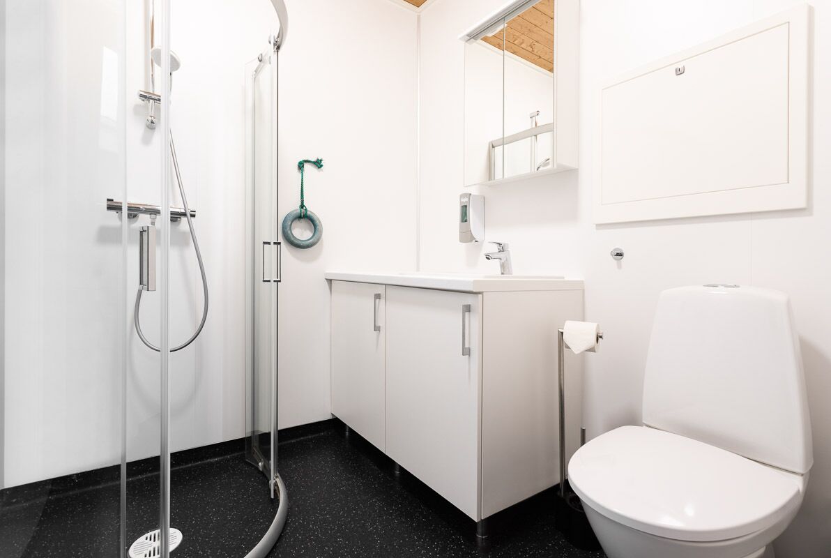 Une salle de bain moderne équipée d’une douche, de toilettes et d’un lavabo.