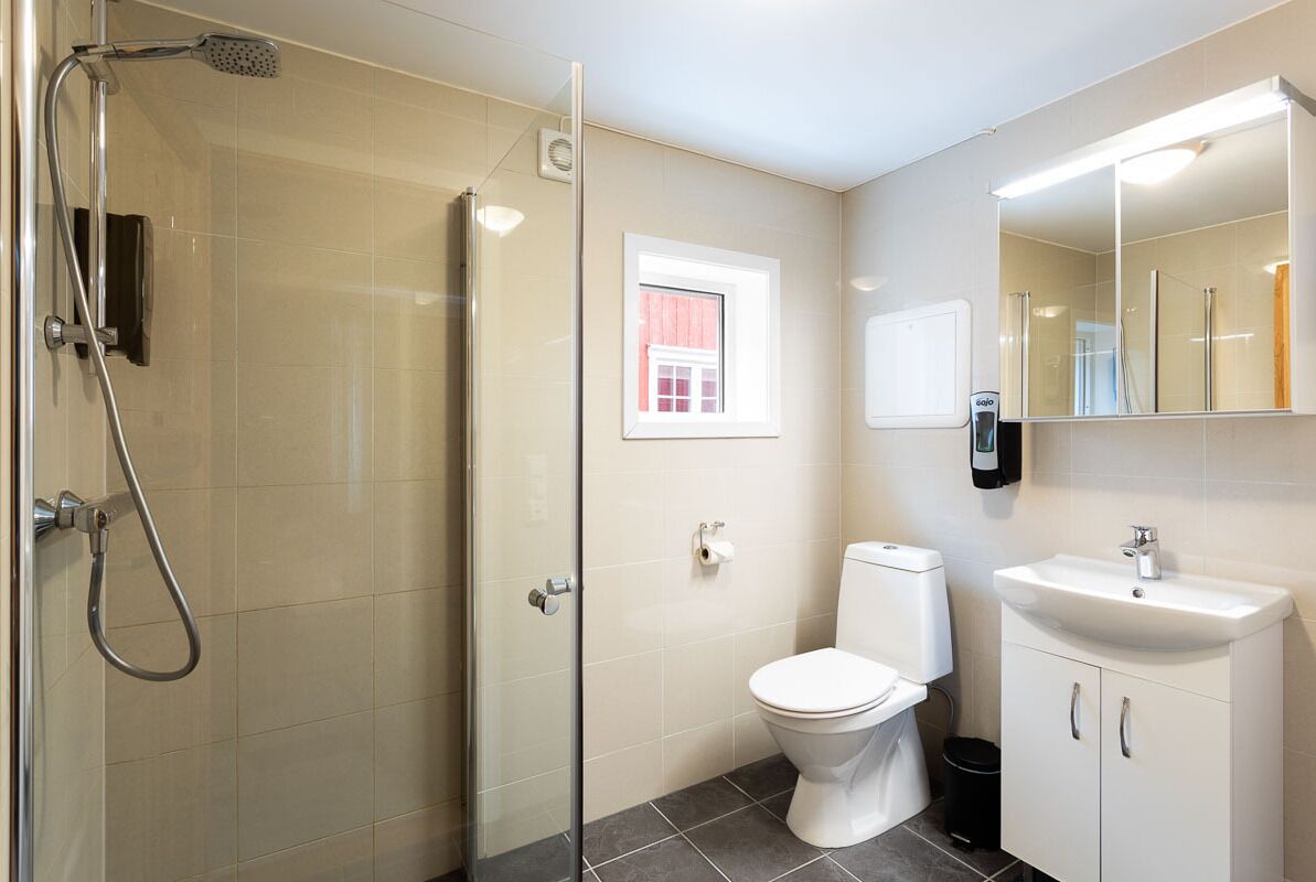 Un baño moderno con ducha de vidrio, inodoro y lavamanos con espejo.