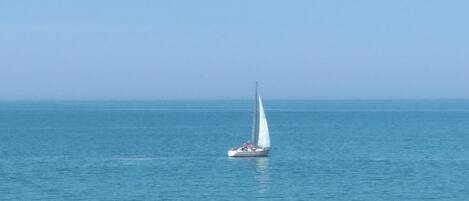 On the beach, sun-loungers