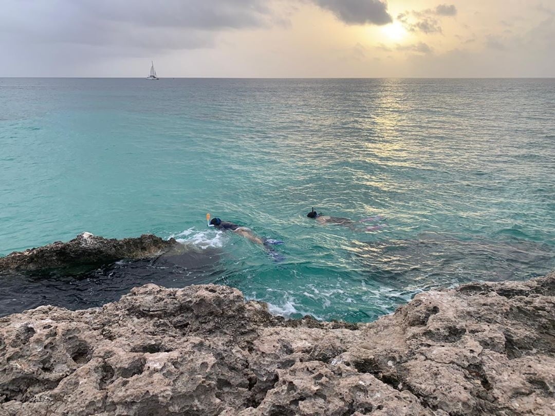 Un paysage côtier avec un terrain rocheux et une mer calme.