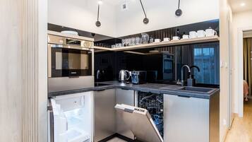 Panoramic Apartment | Private kitchen | Fridge, oven, stovetop, dishwasher