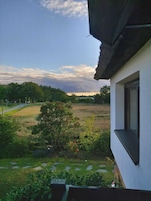 Una casa con fachada blanca y una ventana. Zona verde con árboles y un camino que lleva a una carretera.