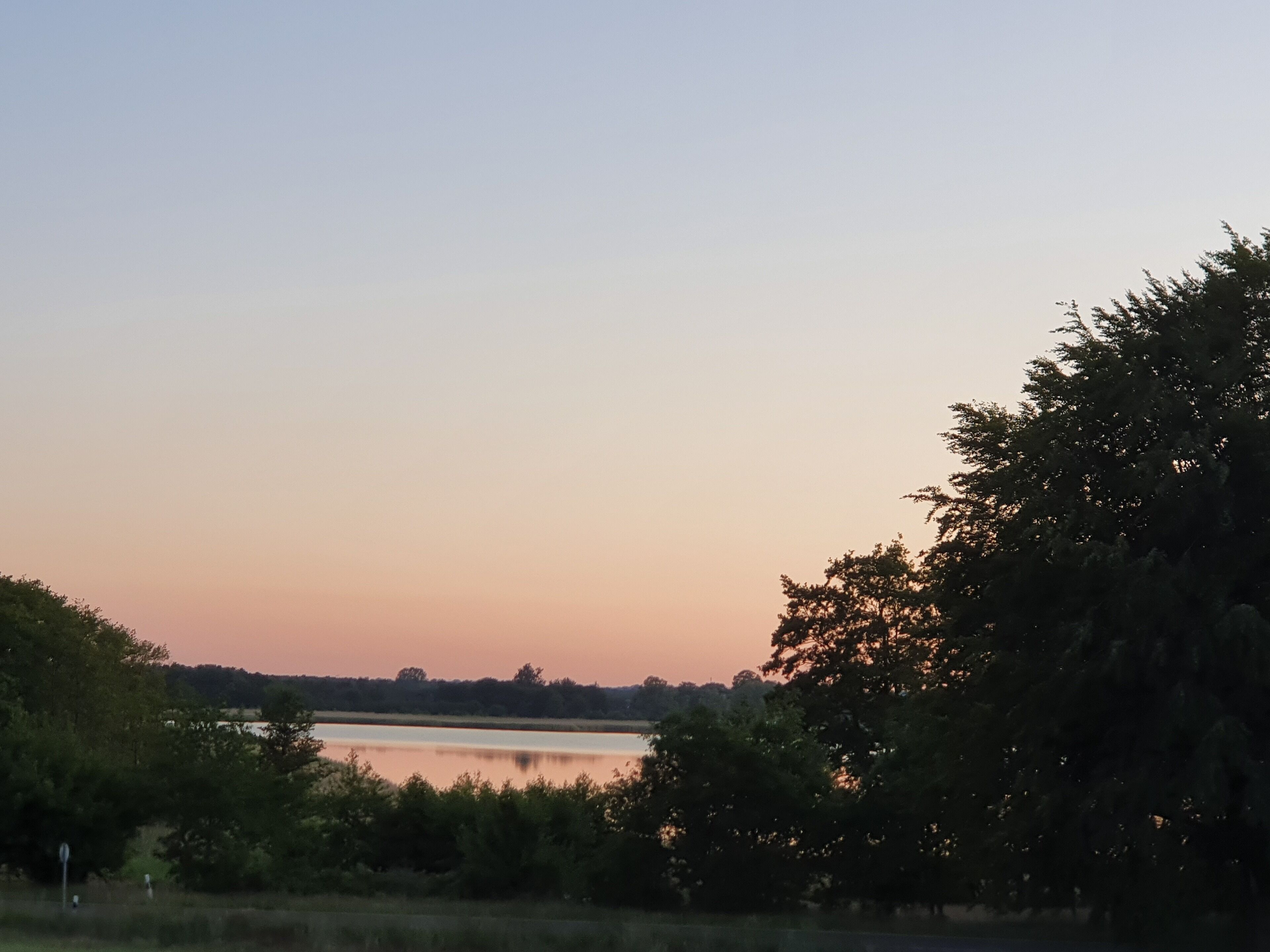 A serene lakeside view with trees and a clear sky.