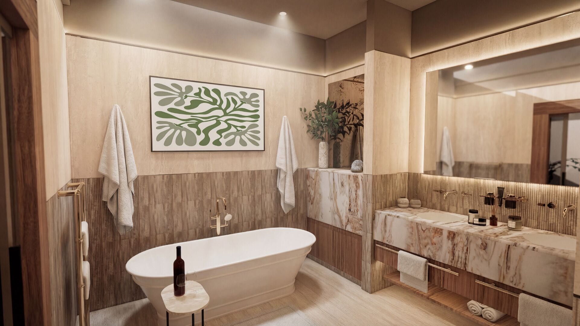 A modern bathroom with a freestanding bathtub, a marble vanity, and a large mirror.