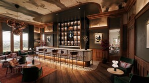 A bar area with a marble countertop, multiple bar stools, and a wall of liquor bottles.