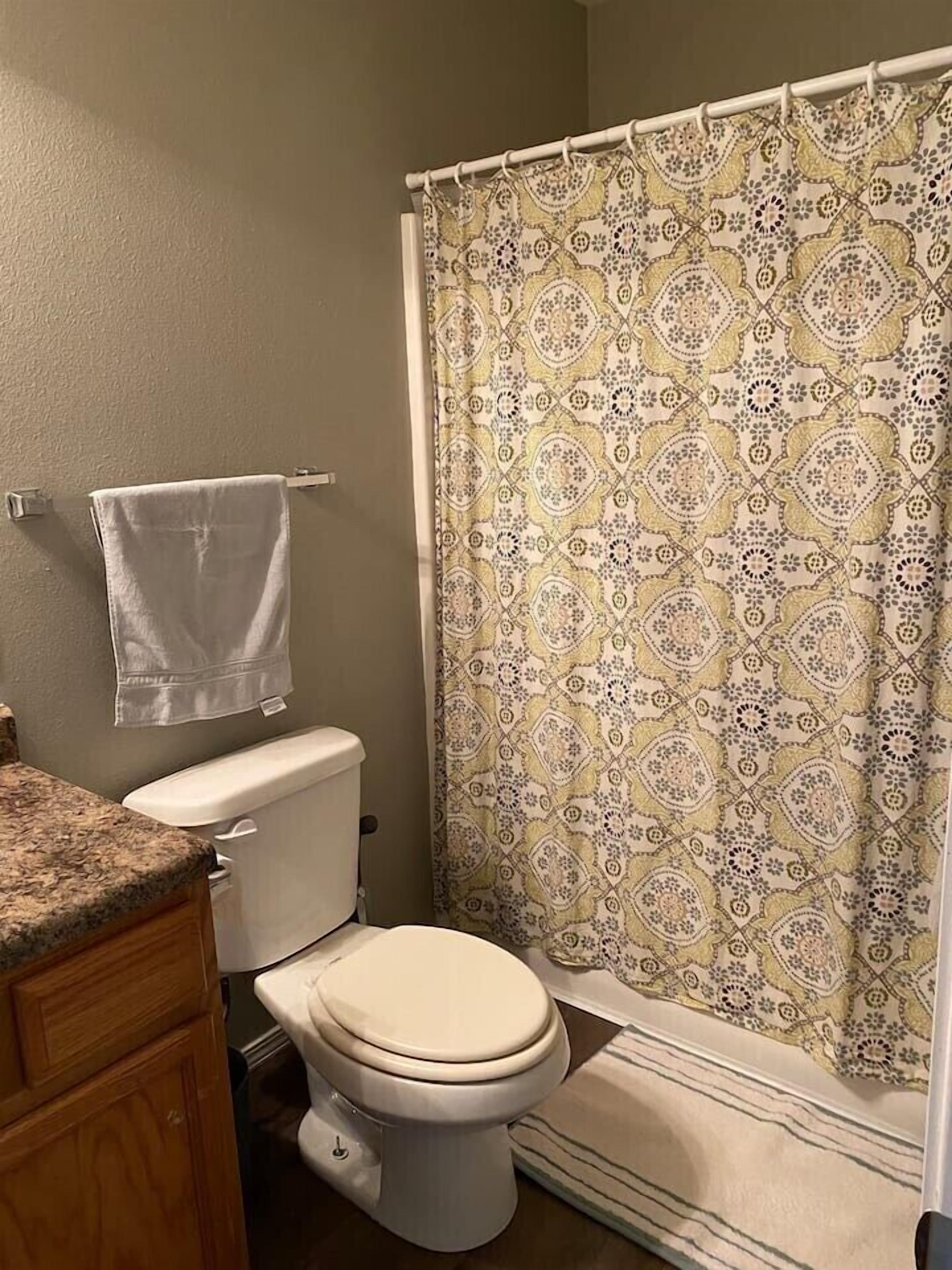 Combined shower/tub, hair dryer, towels, soap
