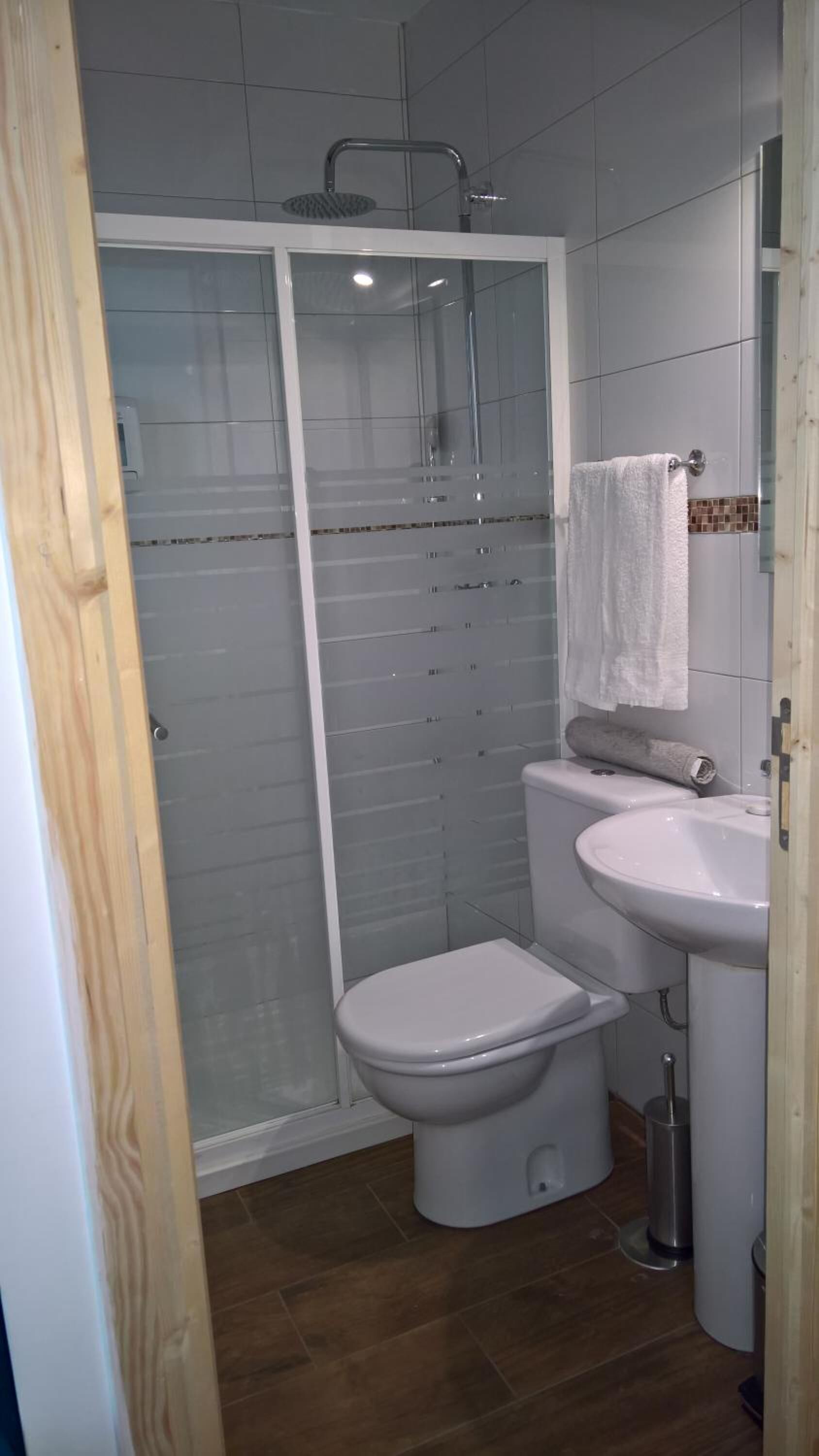 Un baño con ducha de vidrio, inodoro y lavamanos.