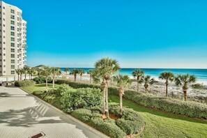 On the beach, sun-loungers