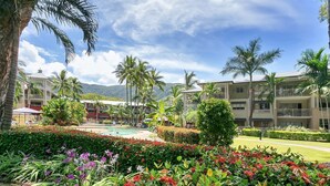 Un complexe hôtelier doté d’une piscine, de palmiers et d’un jardin bien entretenu.