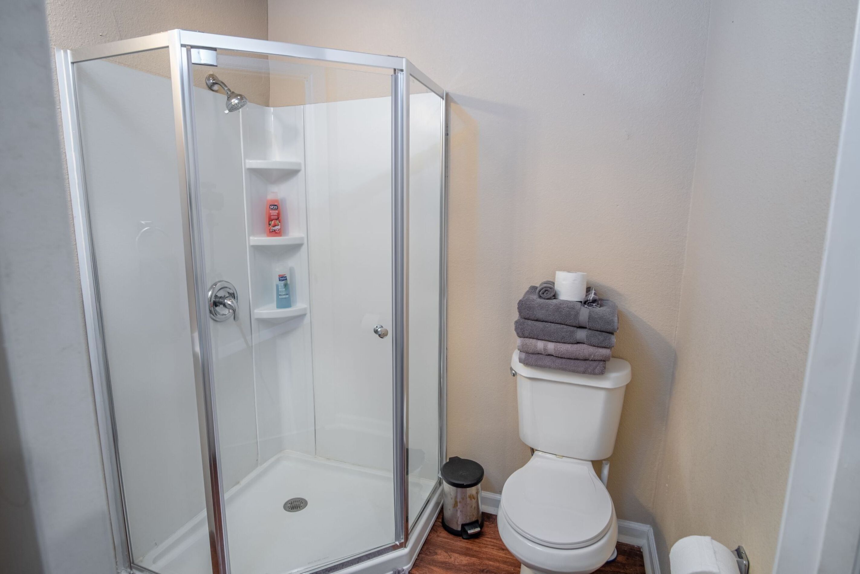 A bathroom with a glass-enclosed shower, a toilet, and a small shelf with toiletries.