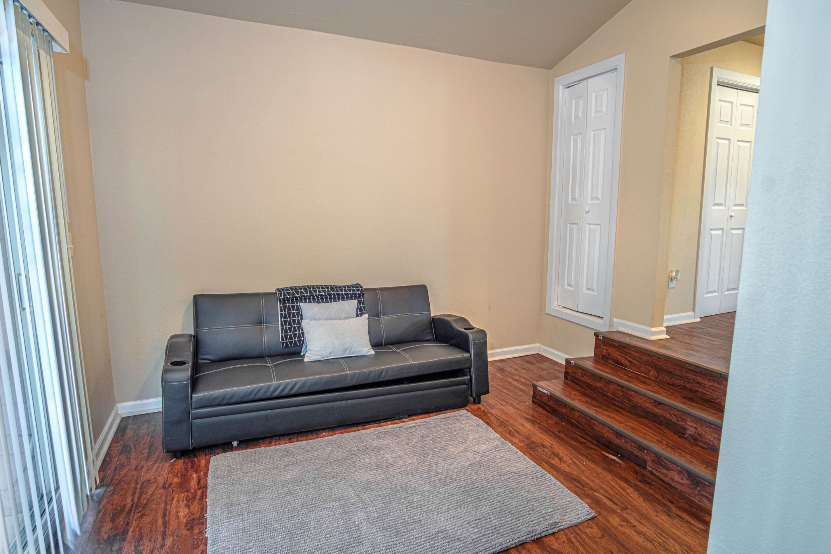 A living room with a black leather sofa, a gray rug, wooden flooring, and a white door in the background.