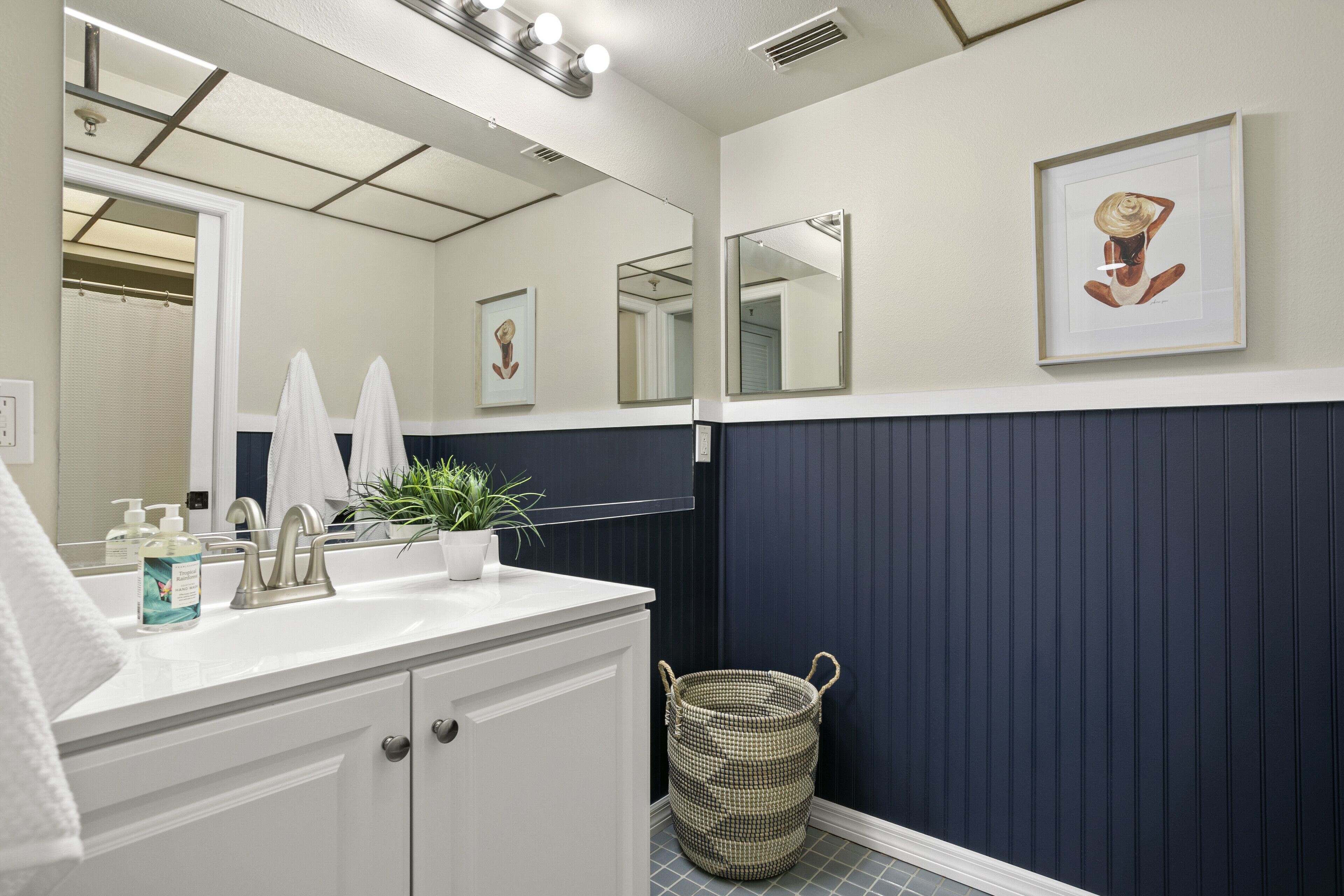 A bathroom with a white vanity, a large mirror, a potted plant, and a framed artwork on the wall.