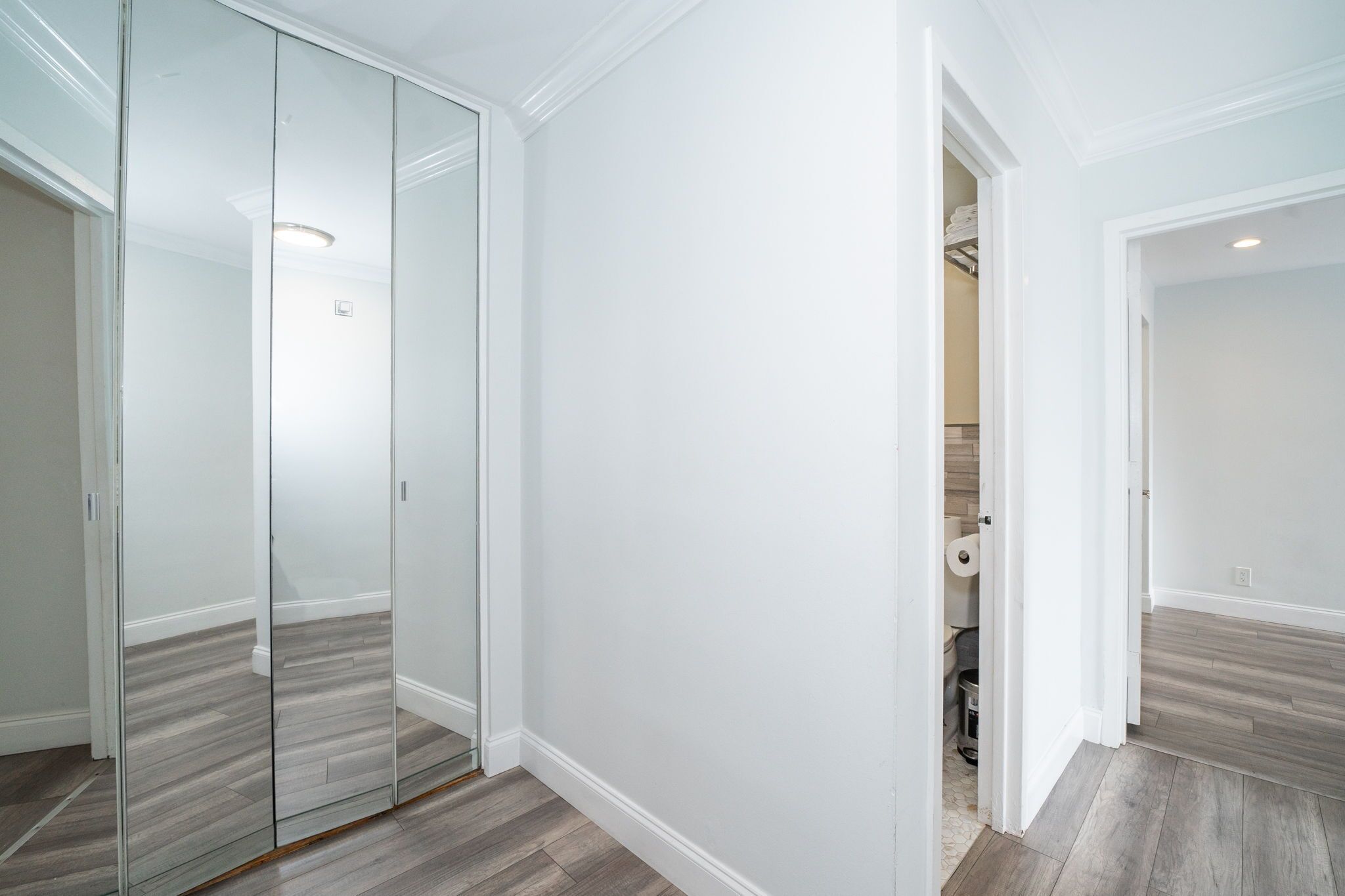 A room with a large closet, a toilet, and a shower.