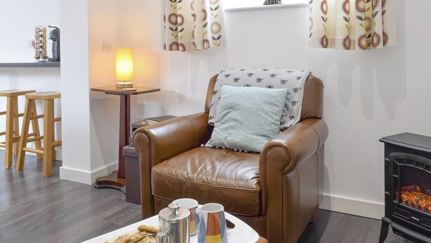 Un salon chaleureux avec un fauteuil en cuir, une table basse sur laquelle sont posés des tasses et des biscuits, une cheminée et une fenêtre ornée de rideaux à motifs.