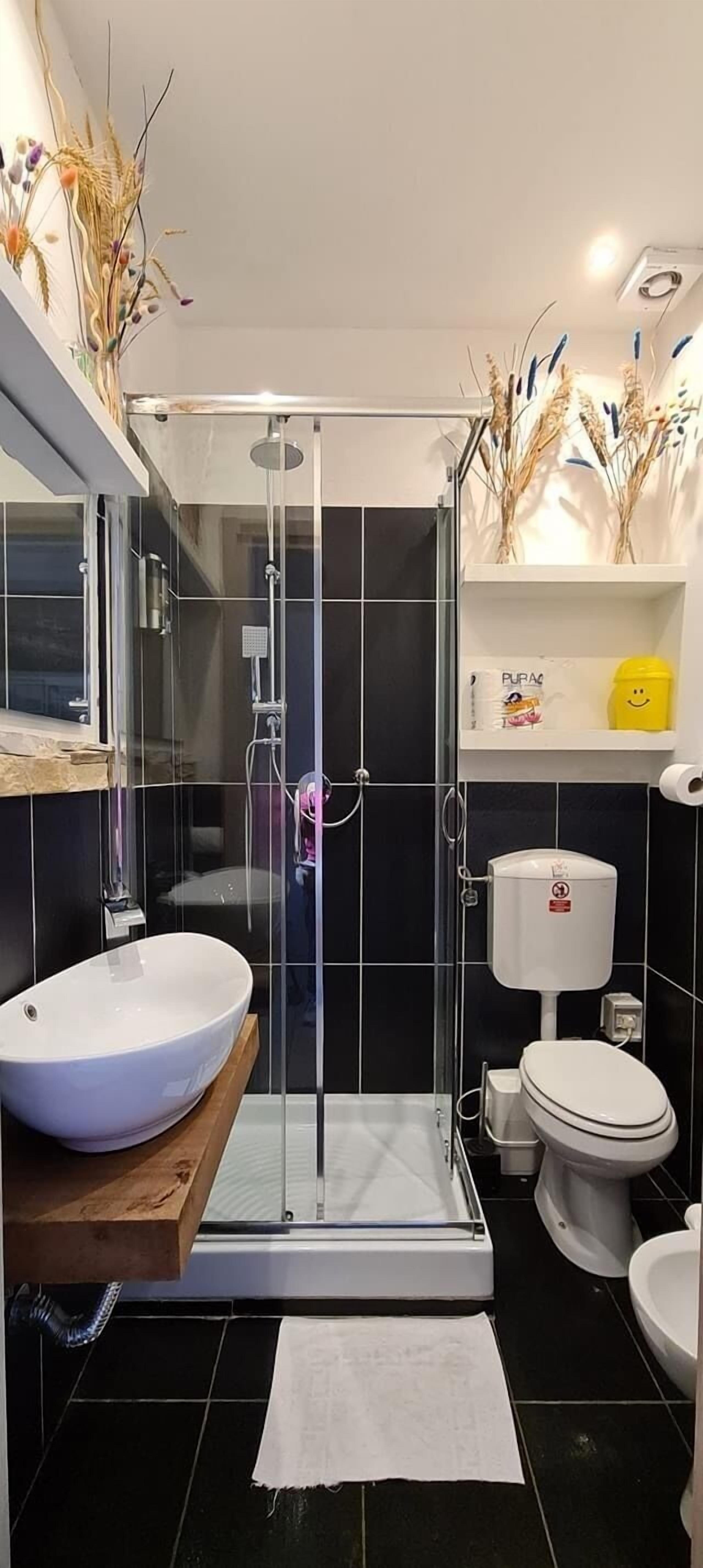 Een badkamer met een douchecabine met glazen wanden, een witte wastafel, een toilet en een plank met decoratieve objecten.