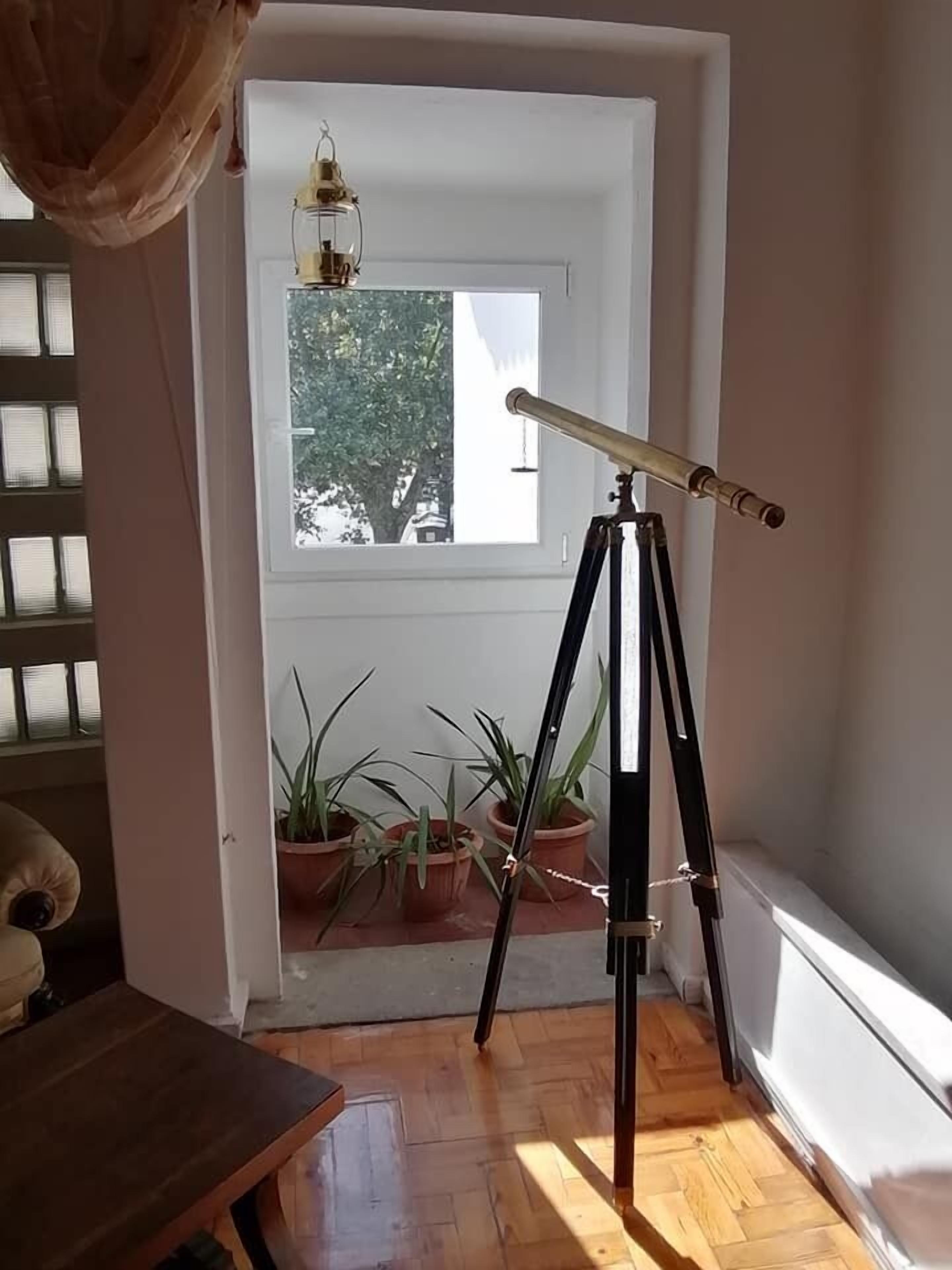 A room with a telescope on a tripod near a window, potted plants, and a wooden floor.