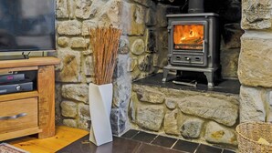 A stone fireplace with a wood-burning stove, a television on a wooden stand, and a white vase with reeds. - 2 bedroom accommodation in Caethro, near Caernarfon (Caethro, near Caernarfon)