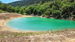 Paisaje natural con un lago turquesa cristalino rodeado de un bosque verde denso y colinas.