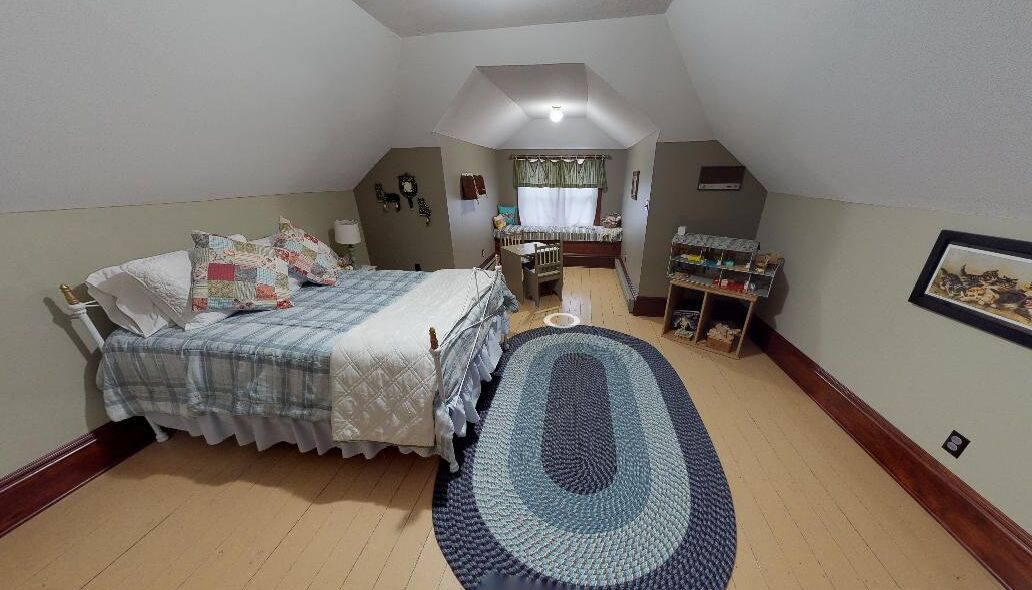 A bedroom with a bed, a desk, a chair, a rug, and a shelf with books.